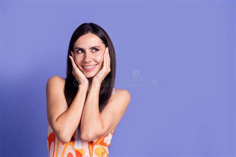 Photo Of Adorable Shiny Lady Wear Dress Smiling Arms Cheeks Looking