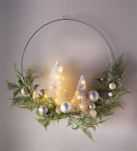 Lighted Holiday Hoop Wreath With Bottle Brush Trees PlowHearth Silver