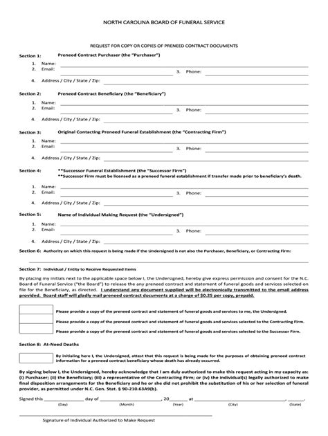 Fillable Online REQUEST FOR COPY OR COPIES OF PRENEED CONTRACT