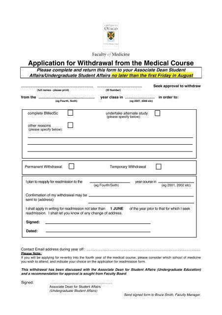 Application For Withdrawal From The Medical Course Faculty Of