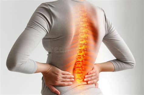 Lumbar Intervertebral Spine Hernia Woman With Back Pain On A Gray