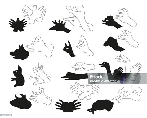 Menschliche Hand Schatten Tier Schwarze Silhouette Linie Monochrome Set