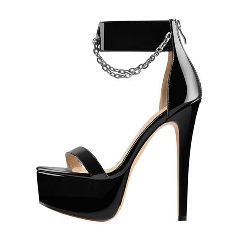 Maken Peep Toe Stiletto Heels Ankle Buckle Straps Punk Chains Back