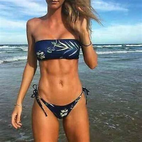 Mode Mer Costume Deux Pi Ces Bikini Femme Slips Bleu Fonc Fleurs Bandeau Ebay