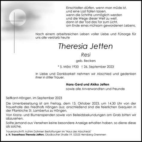 Traueranzeigen Von Theresia Jetten Aachen Gedenkt