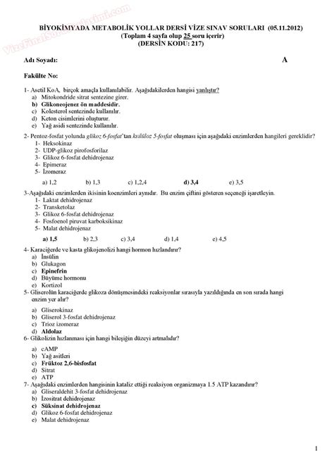 Biyokimyada Metabolik Yollar Vize Sorular A Grubu Vize Ve Final