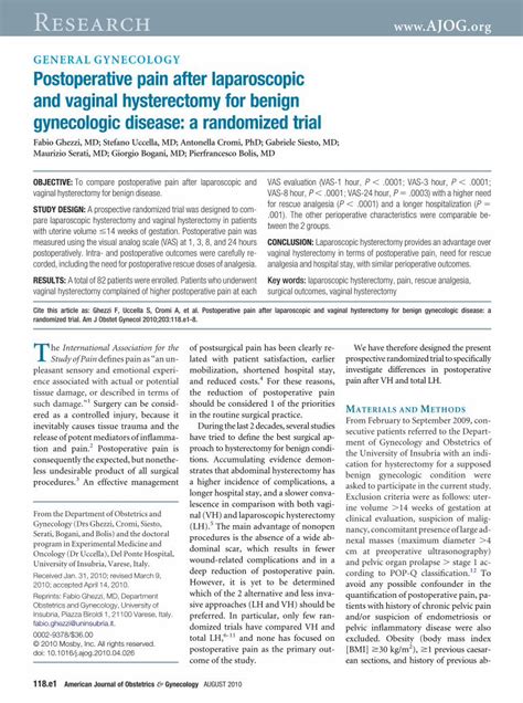 PDF Postoperative Pain After Laparoscopic And Vaginal Hysterectomy