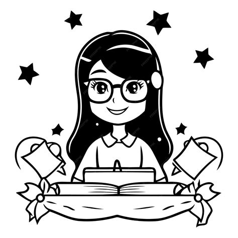 Premium Vector Cute Cartoon Girl In Glasses Reading A Book Vector Illustration