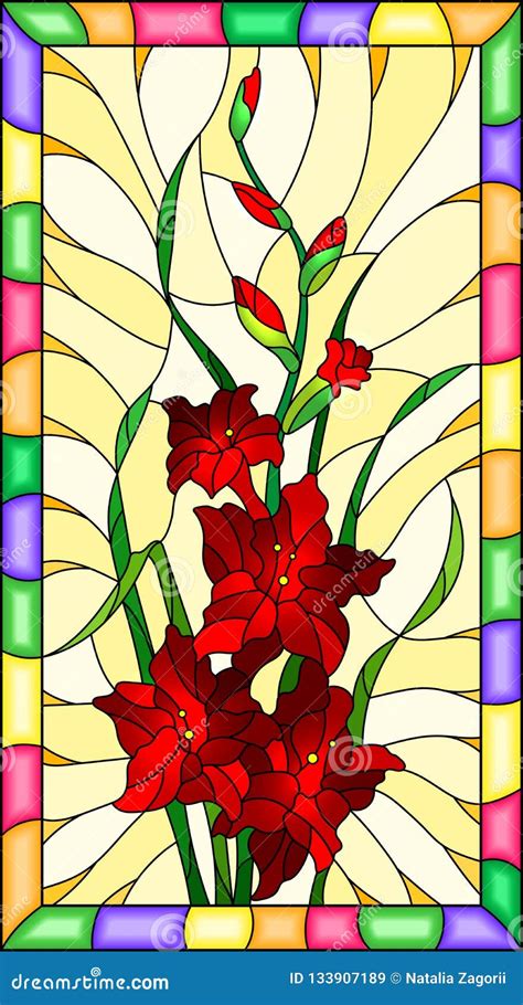 Buntglasillustration Mit Blume Der Roten Gladiole Auf Einem Gelben