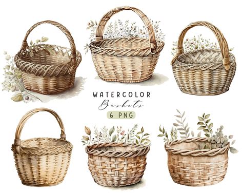 Watercolor Wicker Basket Clipart Set Picnic Basket Digital Etsy