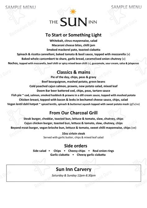 Menu at The Sun Inn pub & bar, Dorchester