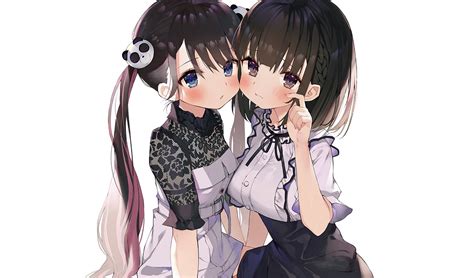 2girls Black Hair Blue Eyes Blush Braids Brown Eyes Cropped Dress Long