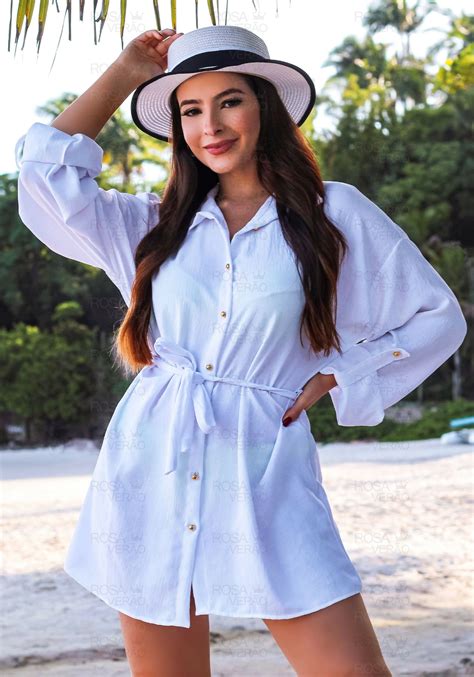 Chemise Camisa De Praia Manga Longa Branca — Rosa Verão