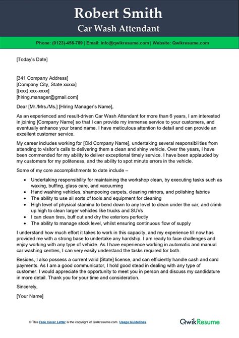 Car Wash Attendant Cover Letter Examples QwikResume