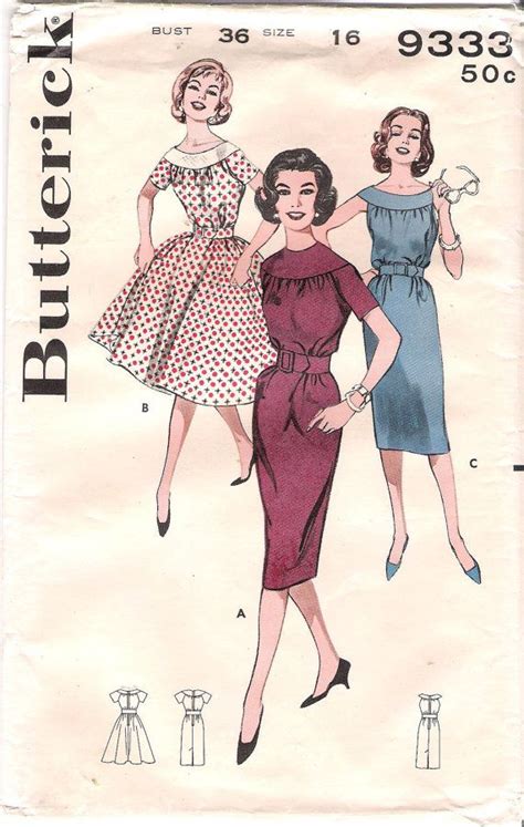 Butterick 9333 1950s Dress Yoke Neck Full Skirted Dress Etsy Vintage Clothes Patterns