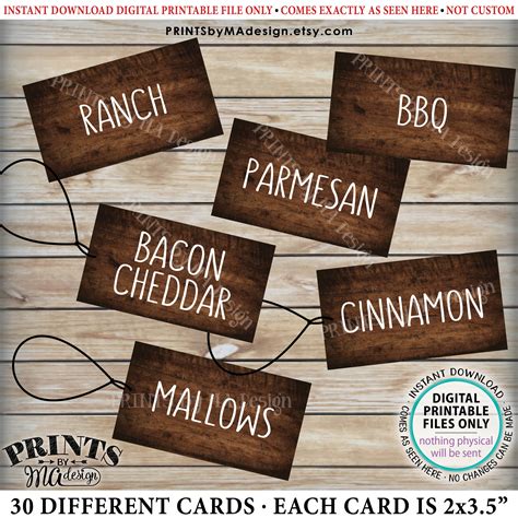 Popcorn Bar Labels, Popcorn Toppings, Sweet & Savory, 30 Rustic Wood ...