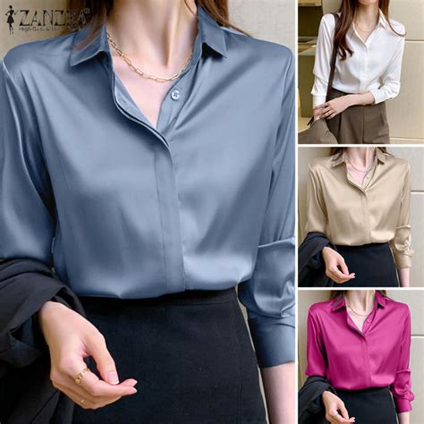 Esolo Zanzea Korean Style Womens Formal Silky Satin Tops Long Sleeve Collared Button Up Blouse