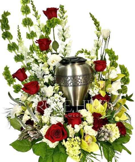 Crimson & White Urn Arrangement | Nashville Funeral Flowers