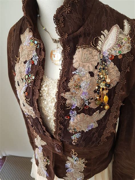 Upcycled Brown Velvet Jacket Couture Clothing Hand Embroidered