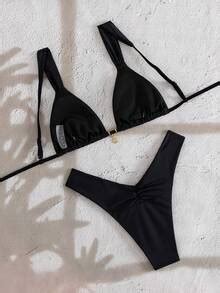 Swim Vcay Maiô Bikini de 2 peças alça larga preta franzido fenda alta e pingente de