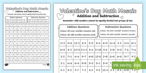 Free Valentines Day Math Mosaic Addition And Subtraction Activity