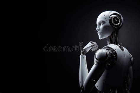 3d Rendering Humanoid Robot Thinking On Black Background Stock