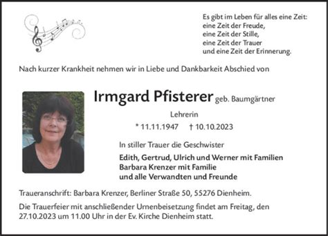 Traueranzeigen Von Irmgard Pfisterer Vrm Trauer De