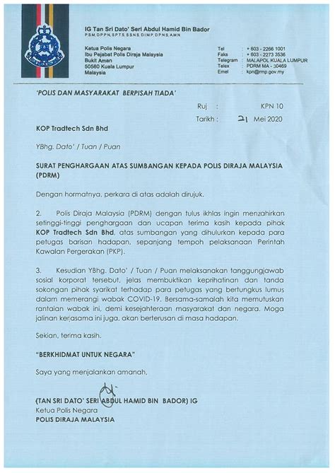 Contoh Surat Penghargaan Dan Terima Kasih Atas Perkhidmatan