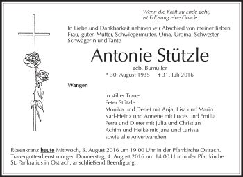 Traueranzeigen Von Antonie St Tzle Schwaebische De Trauerportal