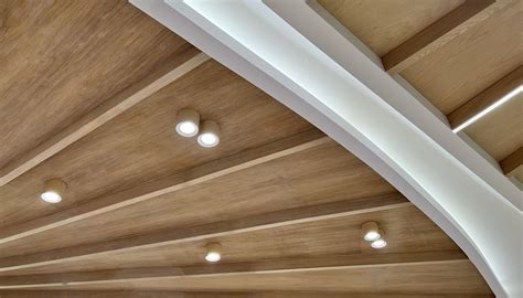 Ceiling Made Of Wooden Planks With Led Strip Lamps Idea For A Wooden Plank Ceiling Design For A