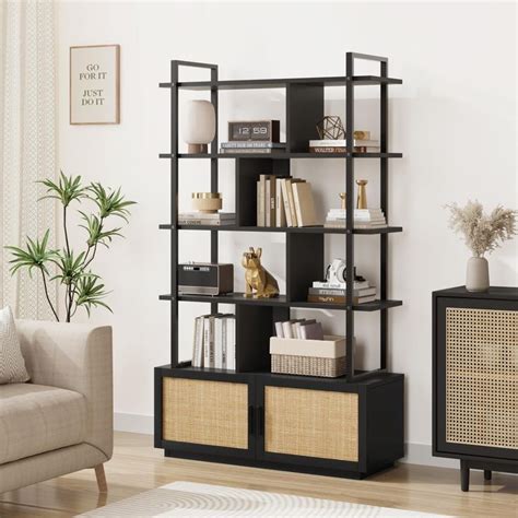 GAOMON 5 Tier Rattan Bookshelf With Storage Cabinet Door 71 1 Inch