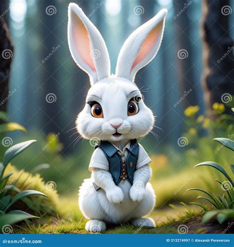 A Cute White Rabbit Is Standing On The Green Grass Stock Illustration