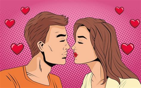 Joven Pareja Bes Ndose Con Corazones Personajes Estilo Pop Art Vector