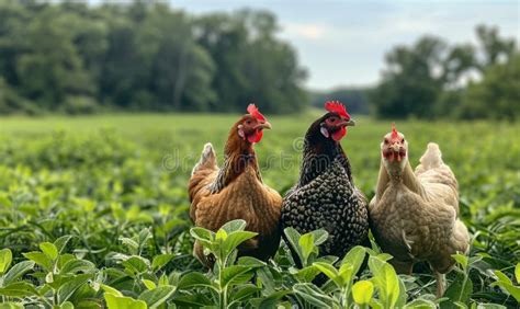 Three Chickens In A Green Field On A Summer Day Stock Image Image Of