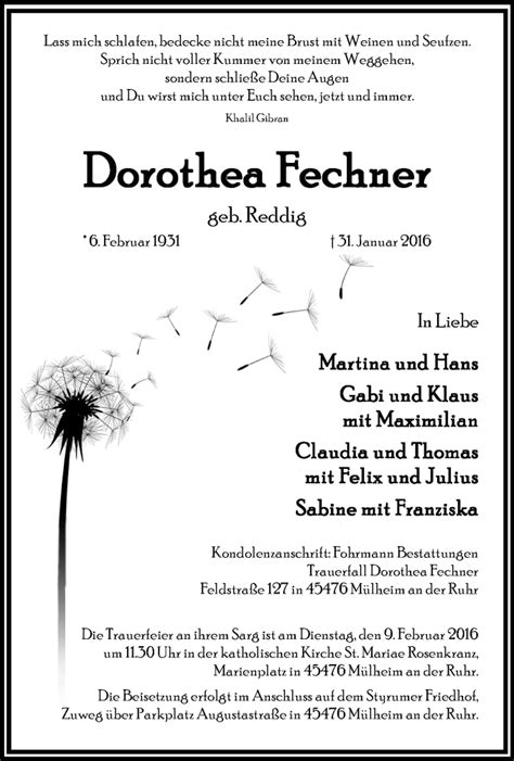 Traueranzeigen Von Dorothea Fechner Trauer In NRW De