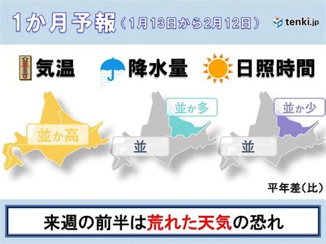 北海道の1か月予報 気温は高め 来週前半は荒れた天気の恐れ気象予報士 森 和也 2024年01月11日 日本気象協会 Tenkijp