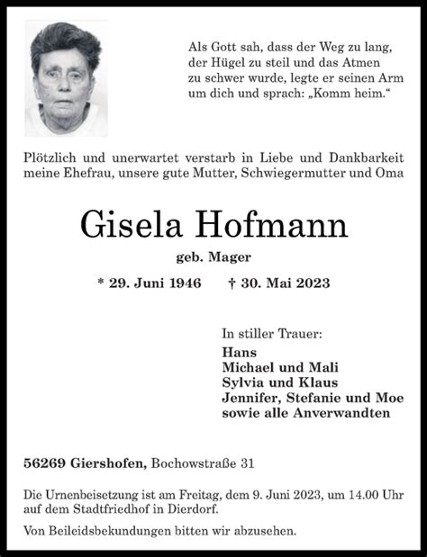 Traueranzeigen Von Gisela Hofmann Rz Trauer De