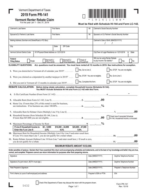 Fillable Online Form PR 141 Vermont Renter Rebate Claim Vermont Fax