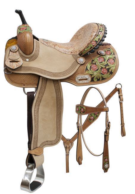 Painted Floral Tooled Barrel Saddle Package Set 14 15 Or 16 Inch Seat