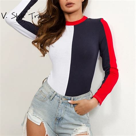 Red Navy Color Block Bodysuit Women Long Sleeves White Jumpsuit Autumn