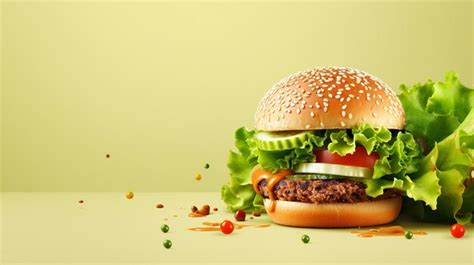 Premium Ai Image Juicy Hamburger With Fresh Toppings On Yellow Backdrop