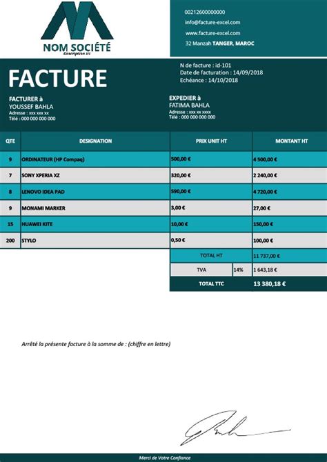 Modèle de facture Excel gratuit à télécharger pour l année 2025