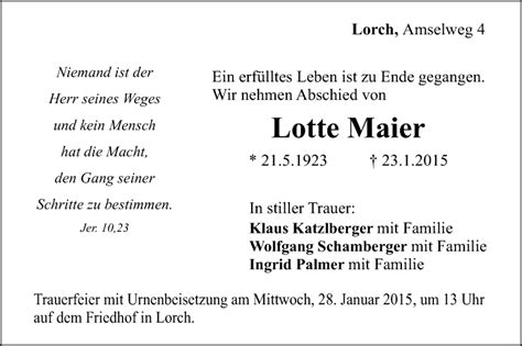 Traueranzeigen Von Lotte Maier OstalbTrauer