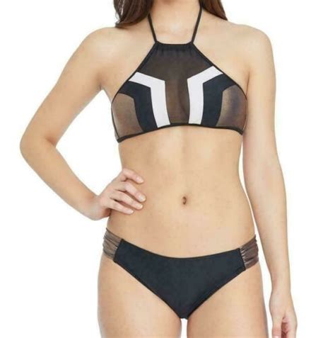 Nwt Bebe Mesh High Neck Halter Bikini Top Metallic Copper Black Womens