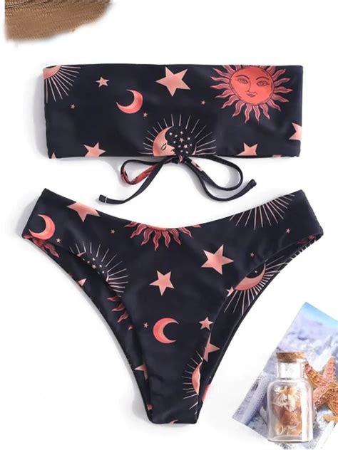 Moon And Sun Print Bikini Sets Women Sexy Off Shoulder Thong Two Pieces