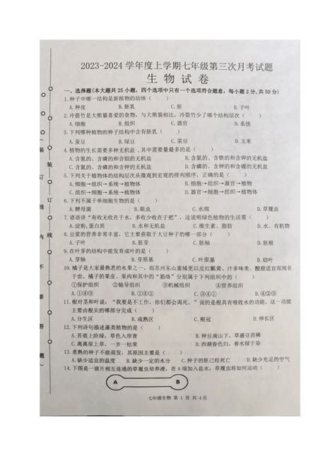 黑龙江省哈尔滨市巴彦县第一中学2023 2024学年七年级上学期第三次月考生物试卷（图片版含答案） 21世纪教育网