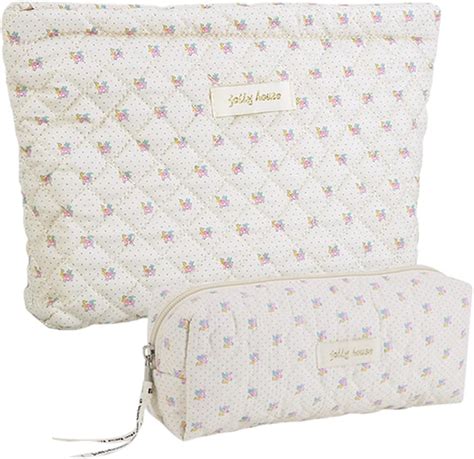 Cessfle 2pcs Cotton Quilted Makeup Bags Cute Flower Makeup