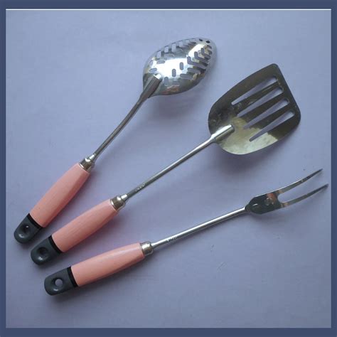 Ekco Pink Gray Painted Wood Handle Spatula Spoon Fork Kitchen Utensils