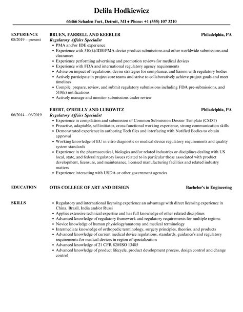 Regulatory Affairs Specialist Resume Samples | Velvet Jobs