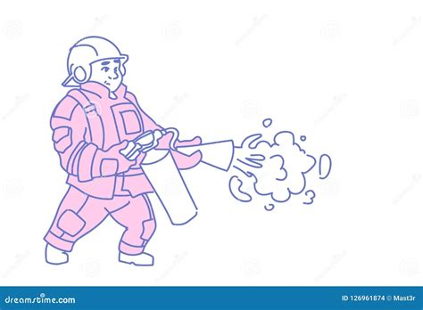 Fireman Hold Extinguisher Wearing Red Uniform Helmet Man Fire Fighter